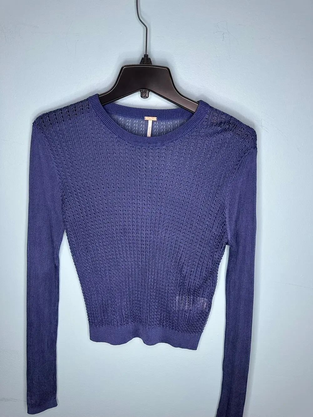 Free People H2O crewneck open-knit cropped,boxy, silky viscose Small Royal Blue